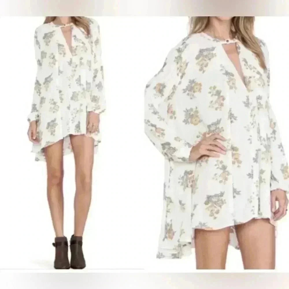 Free People White Gardenia Retro Swing Tunic Mini Dress Floral Long Sleeve M - Picture 2 of 7